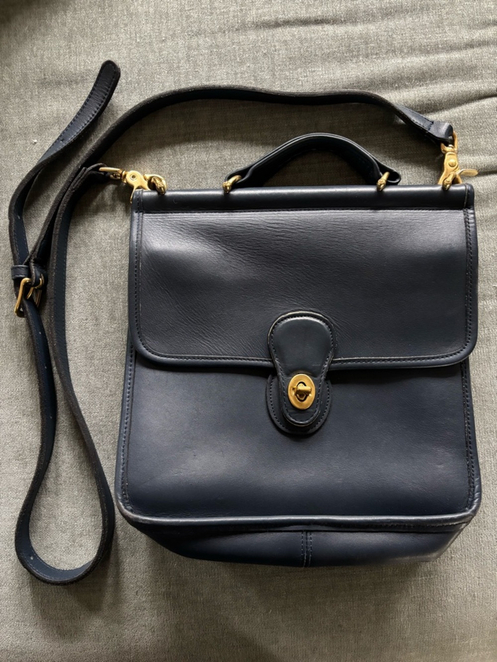 Classic Navy Leather Crossbody Station Satchel Bag with Gold Hardware